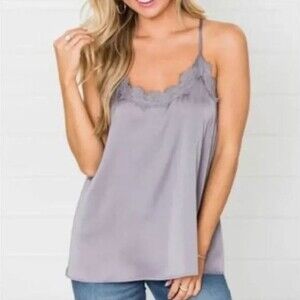 Pink Lily Boutique Gray Satin Cami with Lace Trim Size Small